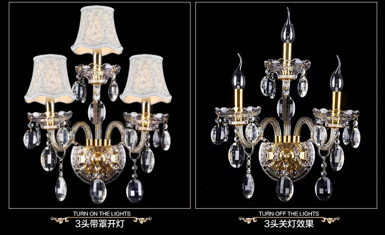 مصباح حائط ذهبي من الكريستال K9 من DecorBites™ مع مصابيح LED وأباجورات، ضوء سرير فاخر