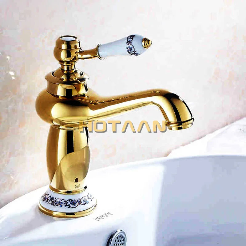 صنبور حوض فاخر عصري بتصميم DecorBites™ الذهبي، بمقبض واحد للمياه الساخنة والباردة من النحاس