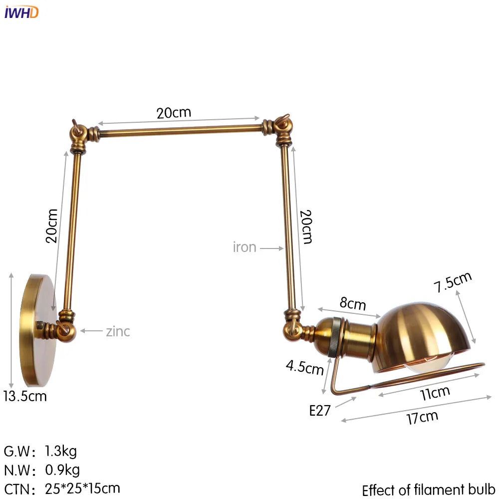 DecorBites™ Golden Loft Swing Arm LED Wall Sconce Retro Style Lamp - Adjustable Long Arm Light Fixtures