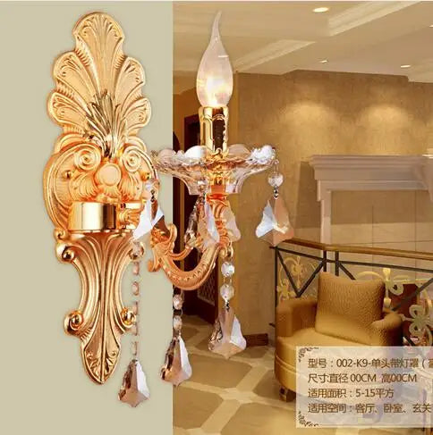 مصباح حائط داخلي كريستالي ذهبي من DecorBites™‎ - تصميم شمعة كريستالية أنيقة من خليط معدني