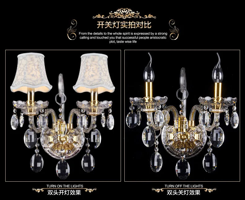 مصباح حائط ذهبي من الكريستال K9 من DecorBites™ مع مصابيح LED وأباجورات، ضوء سرير فاخر