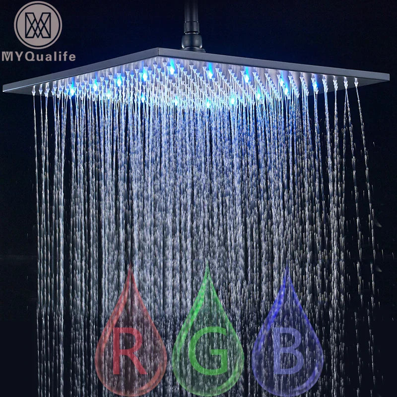 DecorBites™ 16" Square LED Light Rainfall Shower Head - Color Changing Brass Showerhead