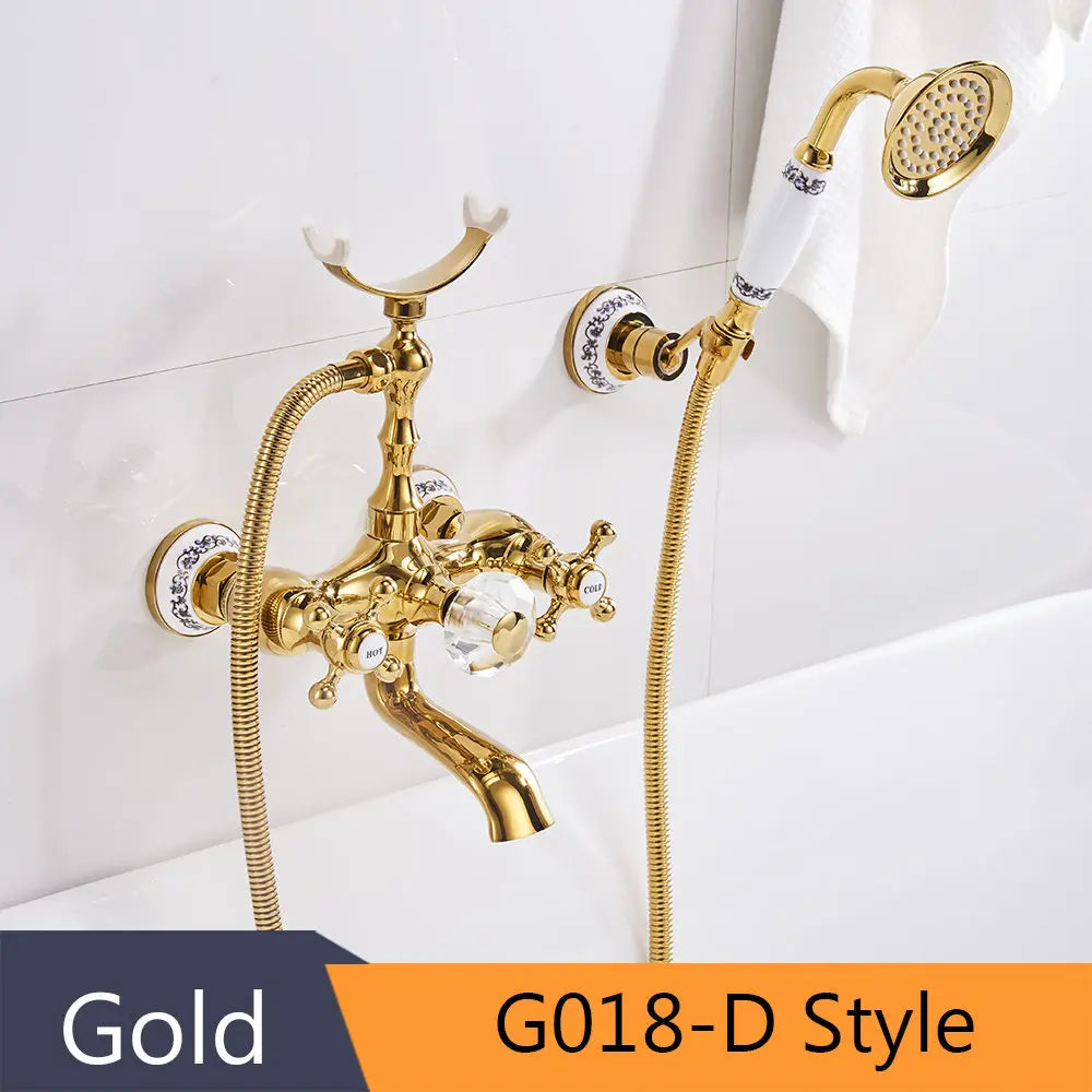 DecorBites™ خلاط حوض استحمام يثبت على الحائط من النحاس الذهبي مع دش يدوي