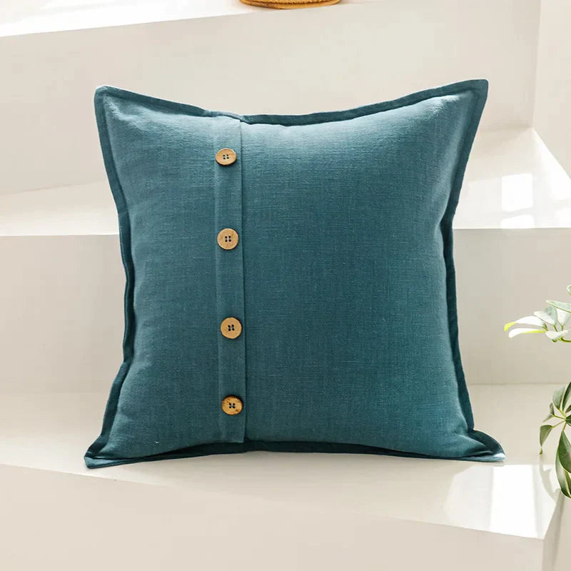 DecorBites™ غطاء وسادة من القطن والكتان 45×45 سم باللون الوردي والأزرق والأخضر والبيج مع أزرار جوز الهند لتزيين المنزل