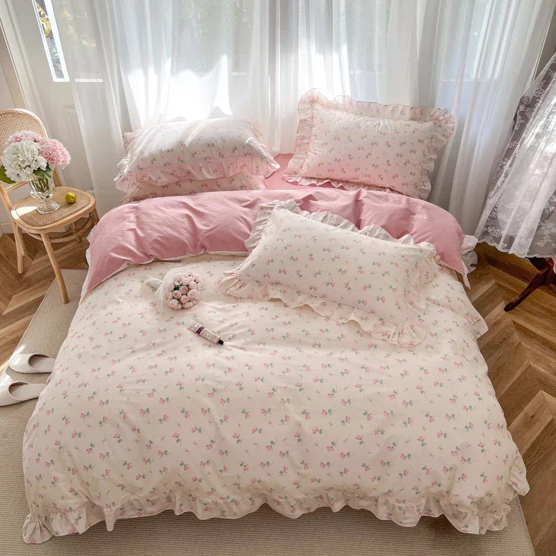 DecorBites™ Gardenia Print Princess Bedding Set with Ruffles and Pillowcases