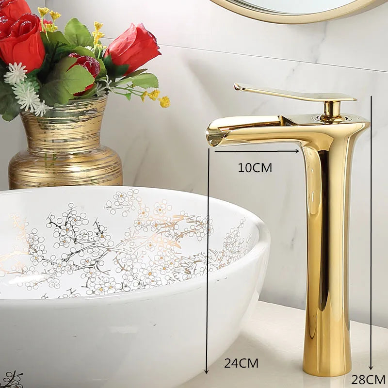 DecorBites™ Gold Waterfall Bathroom Basin Faucet Mixer Tap Hot Cold White Sink