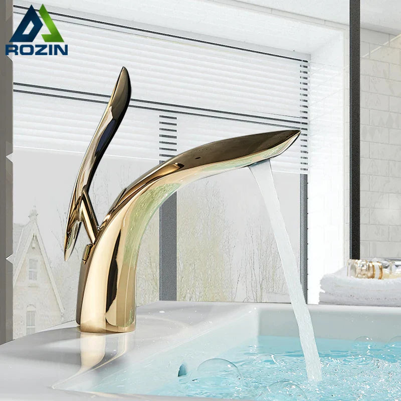 DecorBites™ صنبور حمام ذهبي وردي على شكل شلال - خلاط حوض فاخر بفتحة واحدة