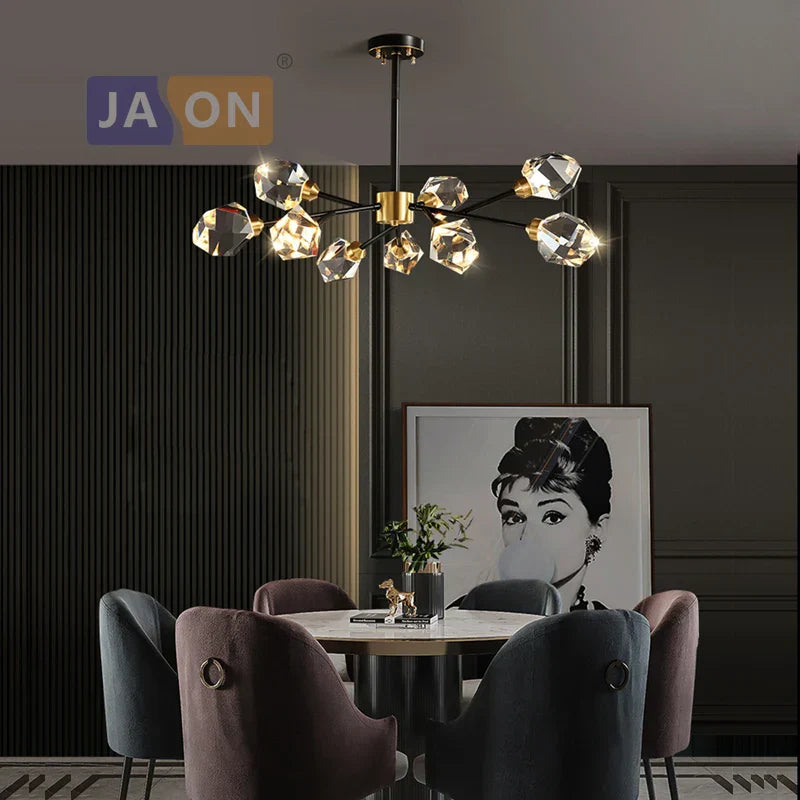 DecorBites™ Black Crystal Copper LED Chandelier - Art Deco Hanging Lamp for Dinning Room