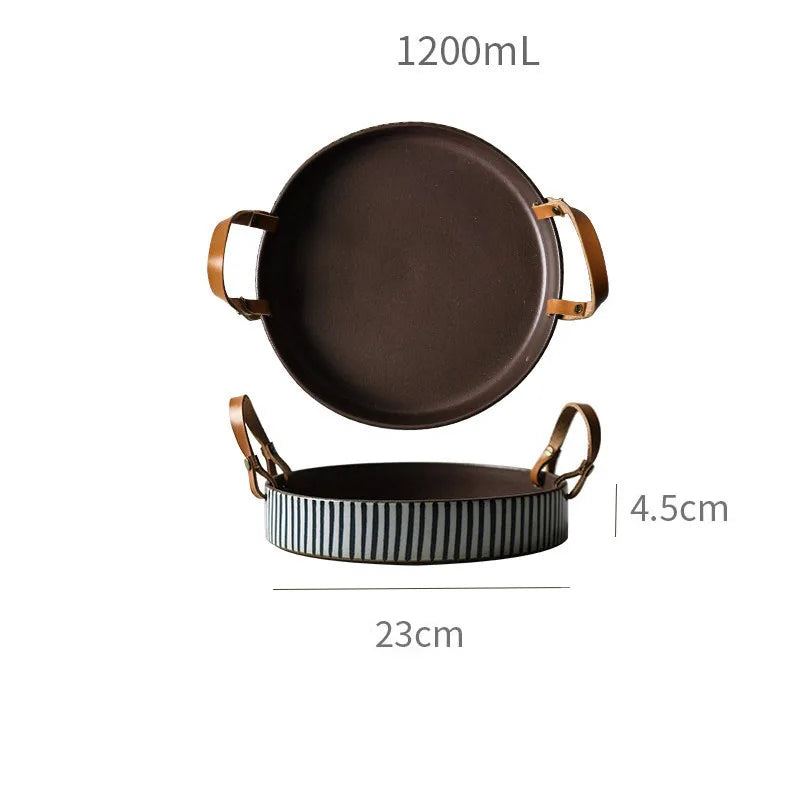 DecorBites™ Handmade Porcelain Bowl with Leather Handle - Round Sallow Salad Plate