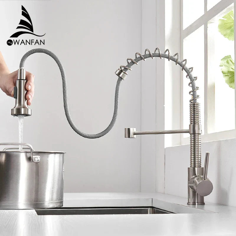 DecorBites™ Brush Brass Kitchen Faucet Single Lever Pull Out Spring Spout Mixer Tap