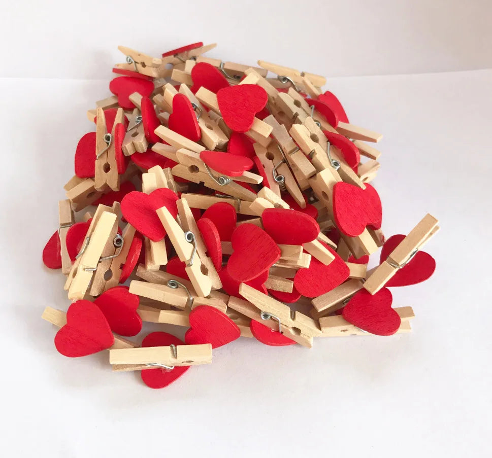 DecorBites™ 50-Pack Romantic Heart Shape Wood Clips for Home Décor and Parties