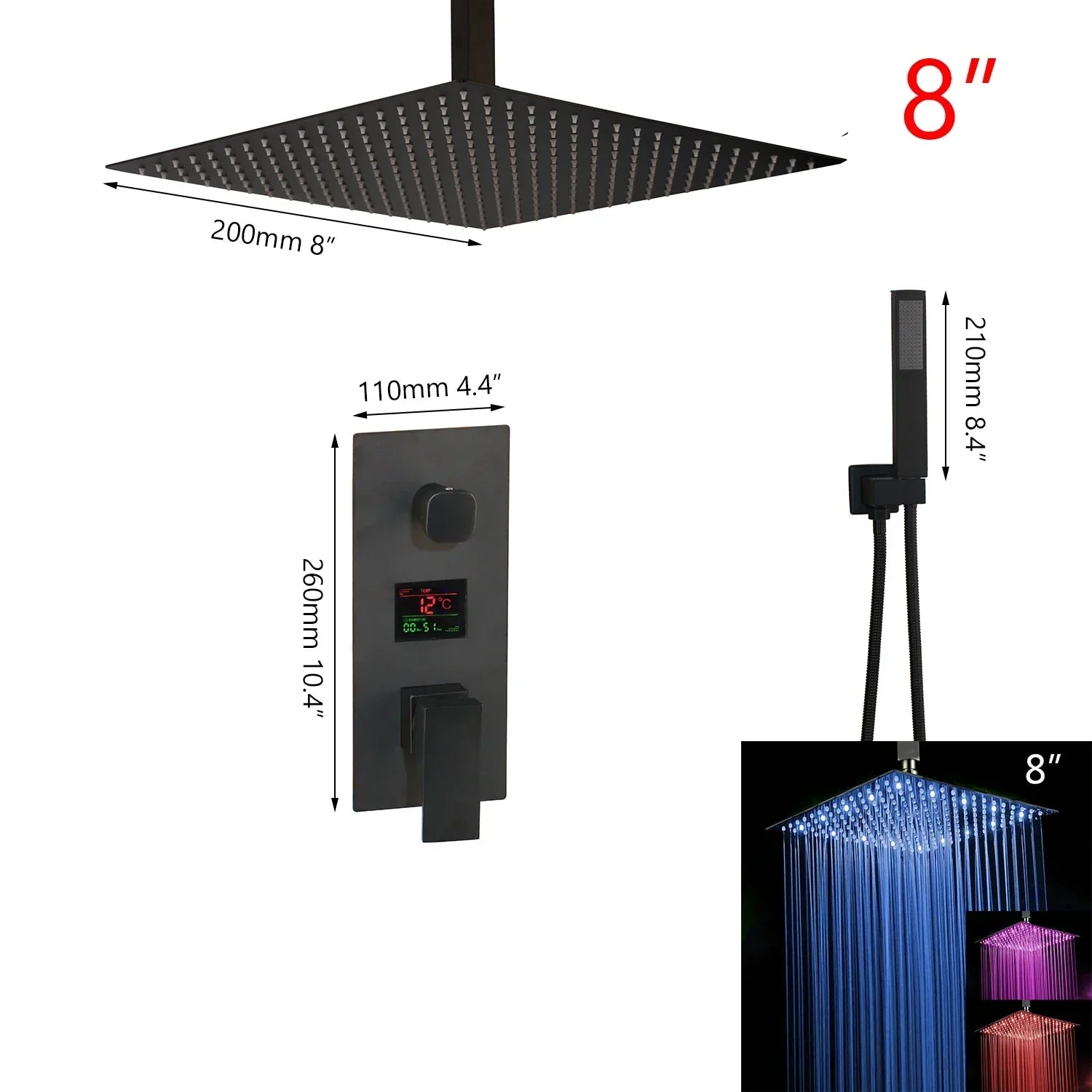 DecorBites™ Black Digital Shower Faucet, Matte Black Finish, Thermostatic Temperature Display