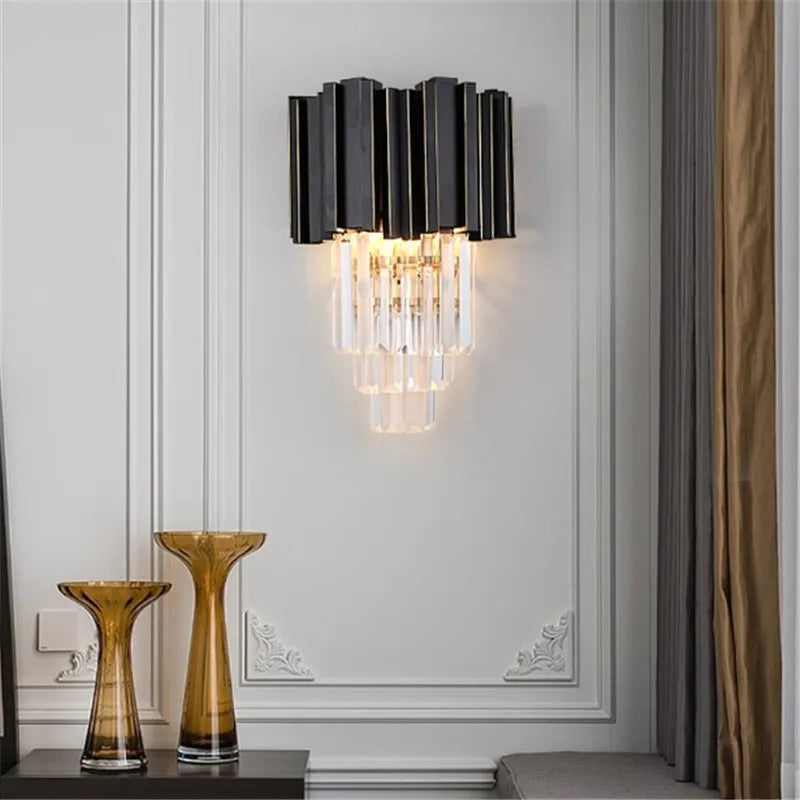 أبليك حائط كريستال ذهبي أسود من DecorBites™، مصباح حائط عصري بظلال من كريستال K9