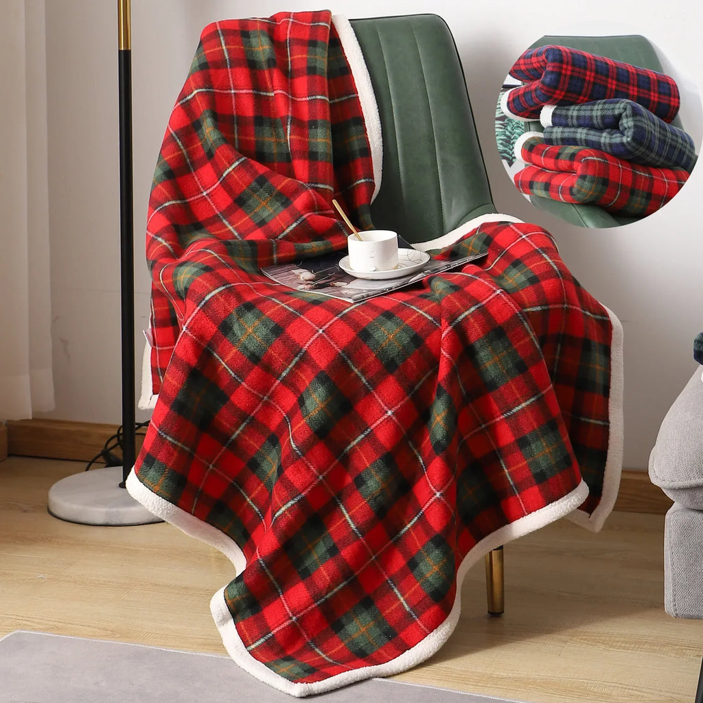 DecorBites™ Cozy Coral Fleece Plaid Blanket - Soft & Warm Flannel Bedspread