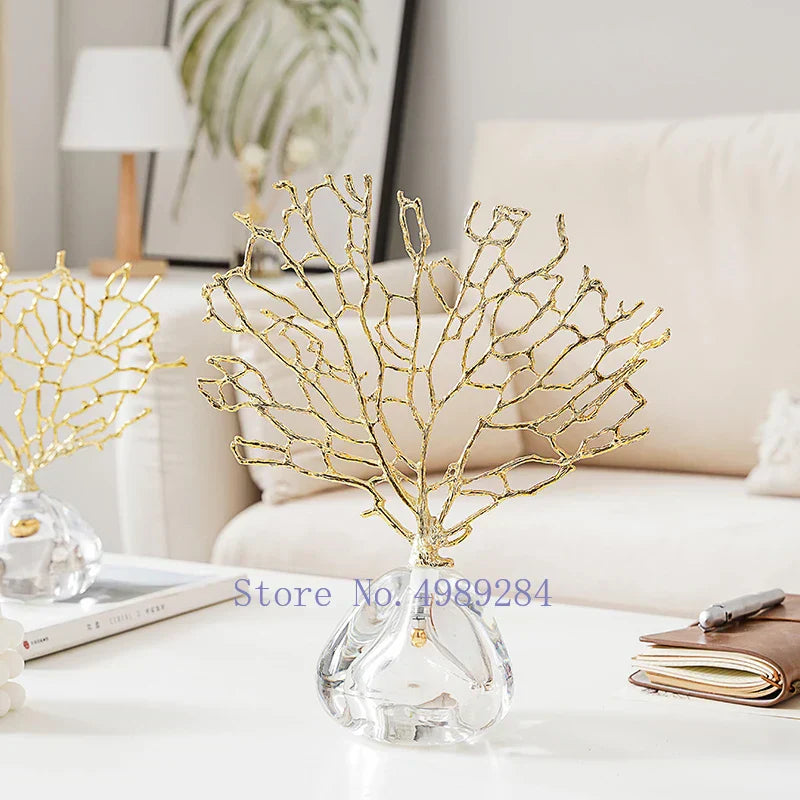 DecorBites™ Crystal Metal Golden Coral Handicraft Home Decor for Modern Living Space