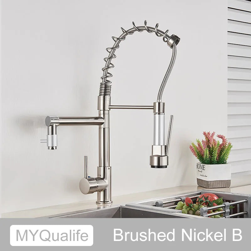 DecorBites™ Black Brass Kitchen Faucet with Dual Spout, 360 Rotation, Deck Mounted