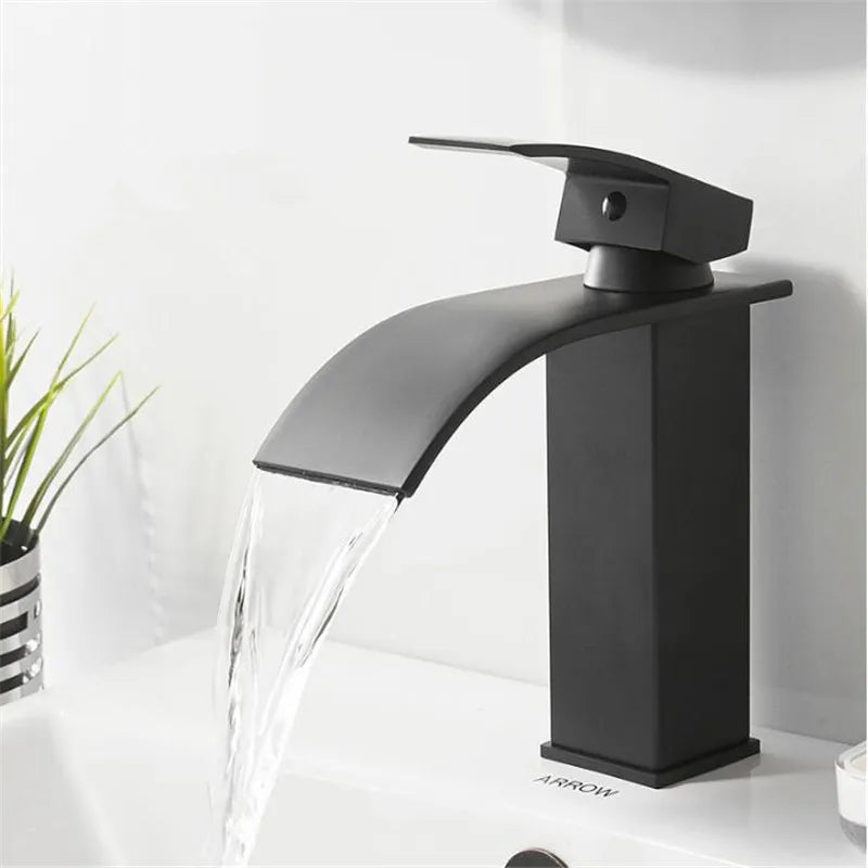 DecorBites™ Gold Waterfall Basin Faucet: Brass Bathroom Mixer Tap, Hot Cold Sink Faucet