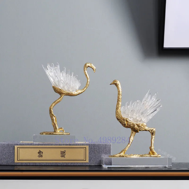DecorBites™ طائر الكركي الذهبي النحاسي الكريستالي المصنوع يدويًا ديكور منزلي حرفي