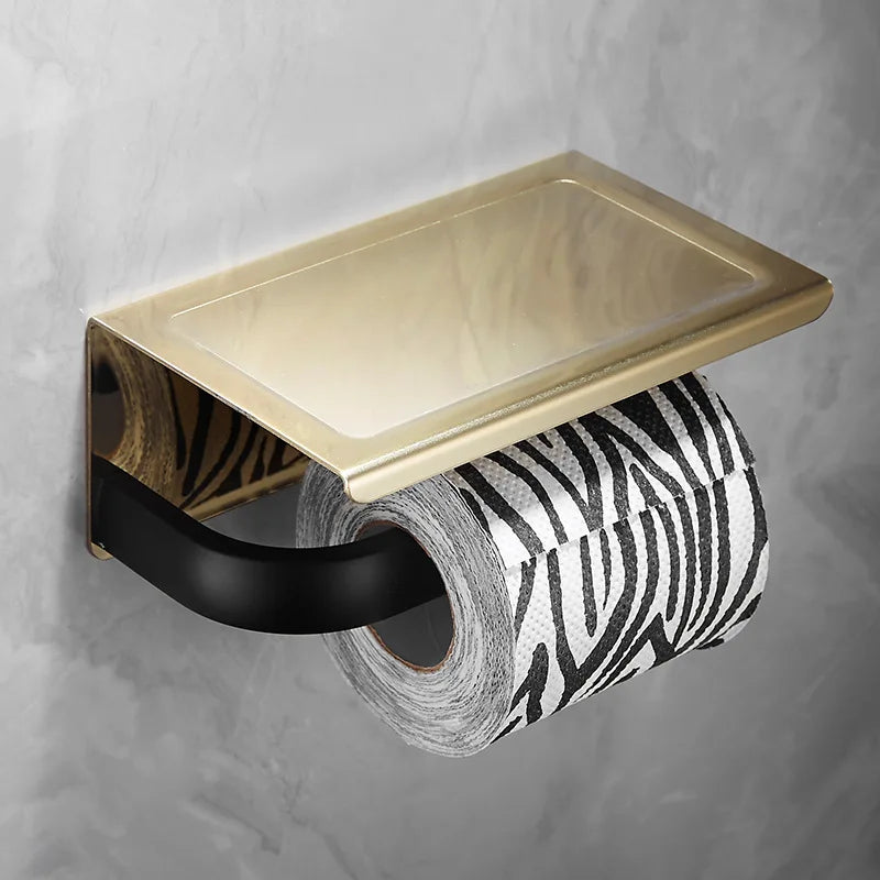 DecorBites™ Gold & Black Bathroom Set - Shelf, Towel Rack, Holder, Brush Holder & More