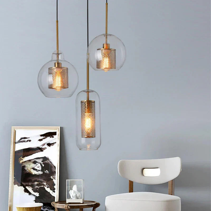 DecorBites™ Gold Mesh Glass Ball Pendant Light Industrial Kitchen Fixture