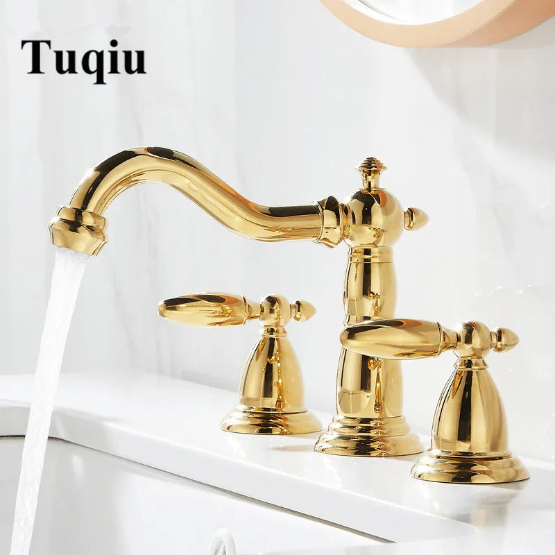 DecorBites™ Gold Brass Widespread Bathroom Faucet - خلاطات حوض حمام واسعة الانتشار من النحاس الذهبي - 3 فتحات للحوض العتيق
