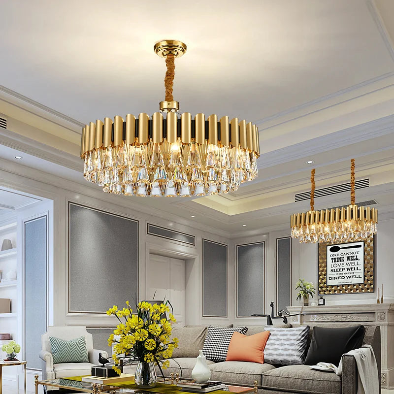 DecorBites™ ثريا كريستال ذهبية من الفولاذ المقاوم للصدأ | تركيبات إضاءة LED مستديرة بيضاوية