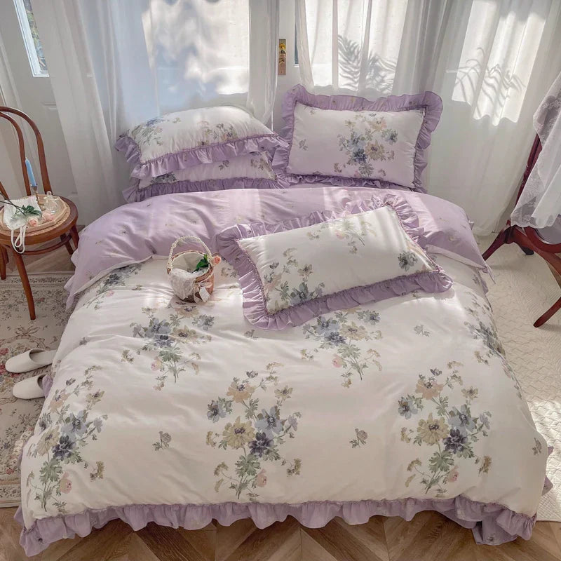 DecorBites™ Gardenia Print Princess Bedding Set with Ruffles and Pillowcases