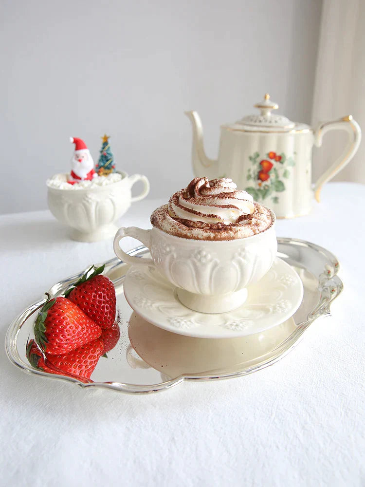 DecorBites™ French Garden Cream Ceramic Tea Cup Saucer Set for Elegant Afternoon Tea