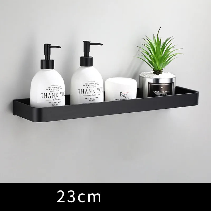 DecorBites™ Black Aluminum Bathroom Shower Shelf with Hook Bar and Shampoo Holder