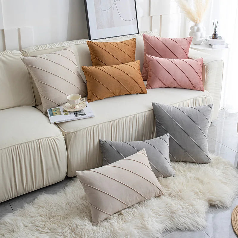DecorBites™ Hand Pleat Embroidered Cushions 30x50/45x45cm Beige Pink Nordic Style Pillowcase