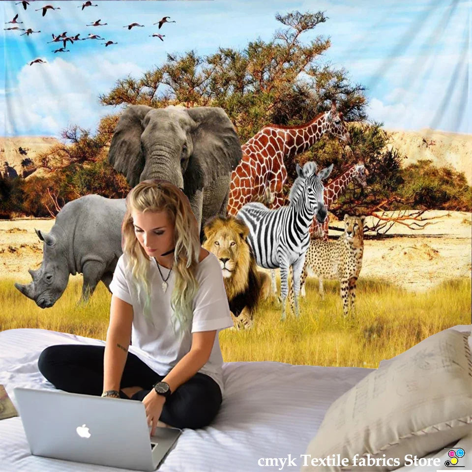 DecorBites™ Lion Tapestry African Grassland Animals Cartoon Wall Hanging Blanket