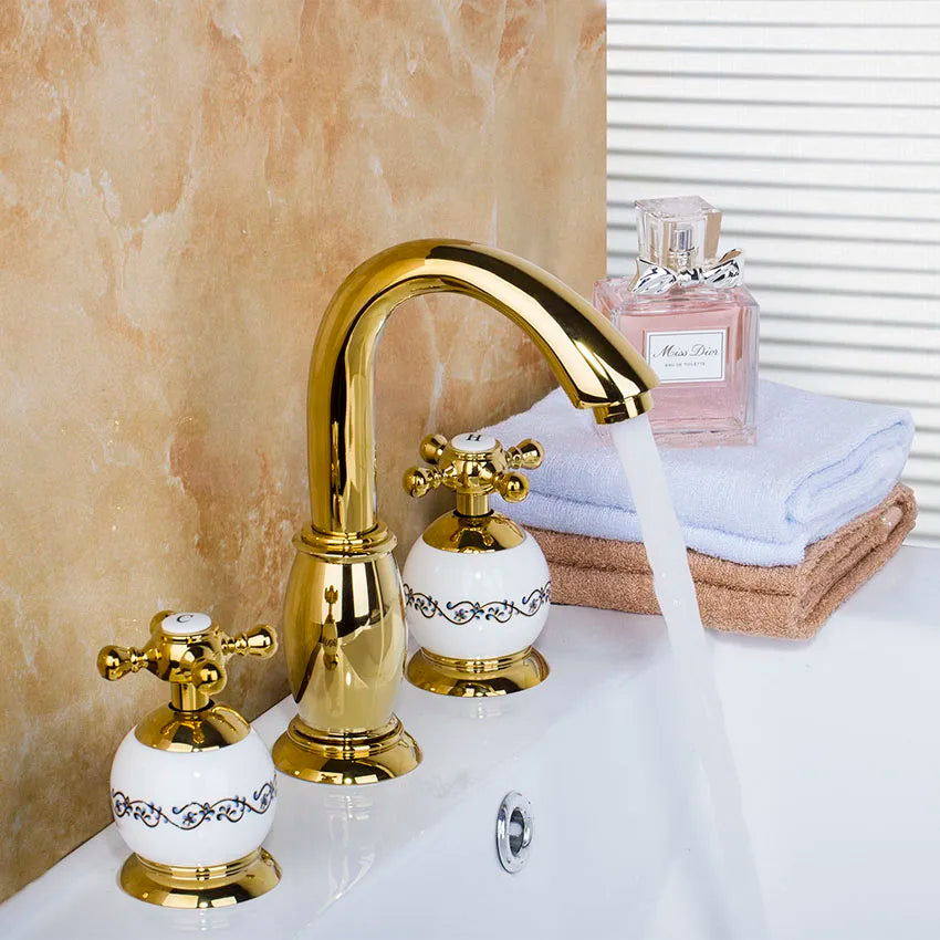DecorBites™ Golden Plated Bathroom Faucet Set with Ceramic Cross Handles