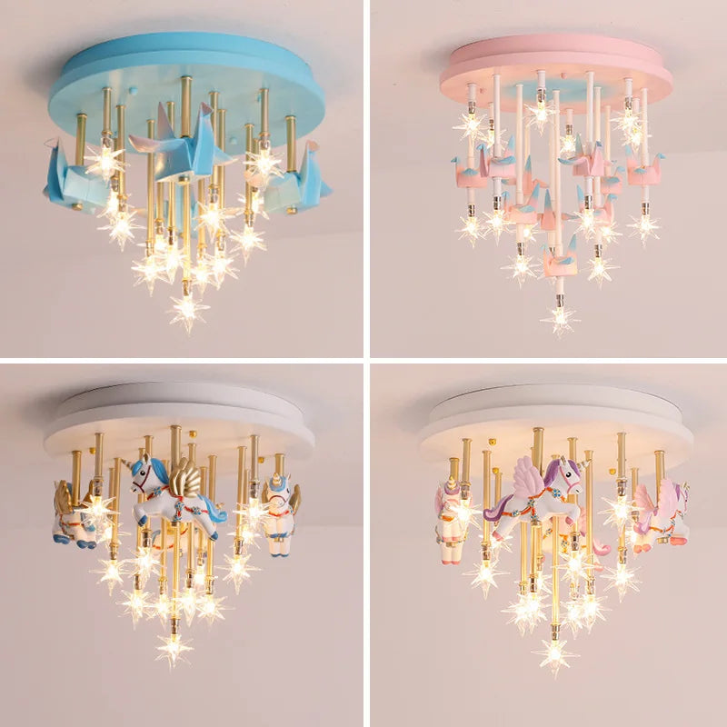 مصباح سقف بتصميم حصان ورقي من ريزن للأطفال من DecorBites™ - مصباح غرفة نوم LED أزرق وردي