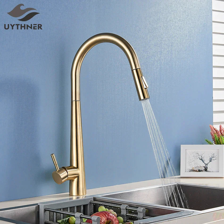 خلاط مطبخ DecorBites™ الذهبي الدوار مع رشاش سحب للأسفل