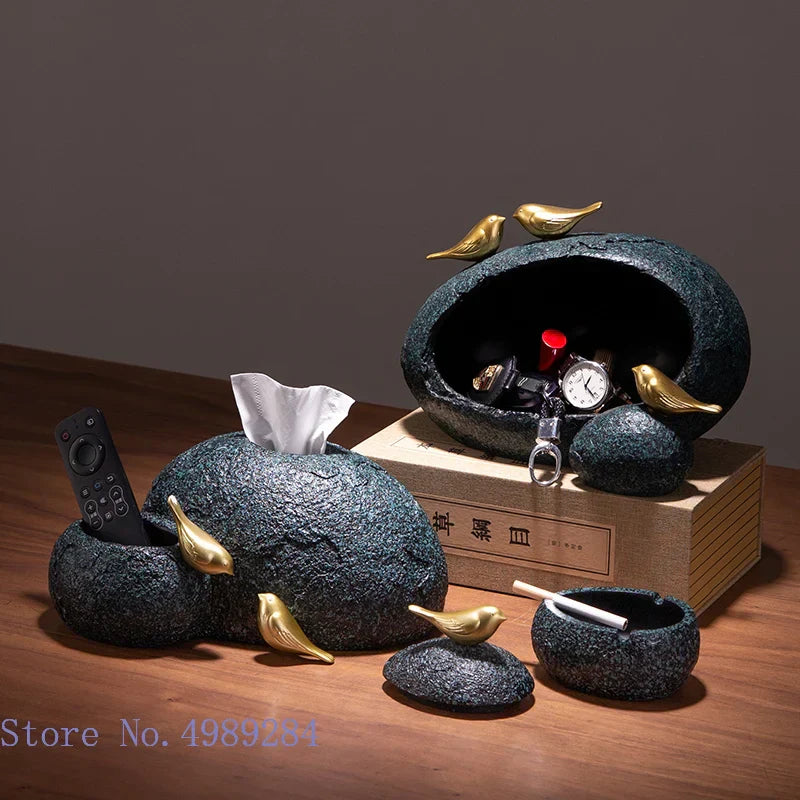 DecorBites™ صندوق مناديل راتنج بتصميم طائر ذهبي ومطفأة سجائر ومنظم سطح مكتب وصندوق تخزين