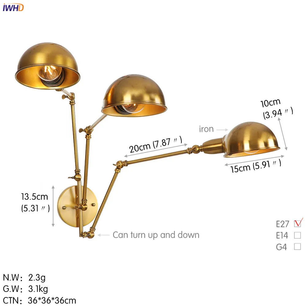 DecorBites™ مصباح جداري كلاسيكي من أديسون طراز Loft بذراع متأرجح - 3 رؤوس باللون الأسود