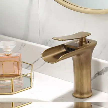 DecorBites™ Gold Waterfall Bathroom Basin Faucet, White Mixer Tap Hot Cold Sink Plugin
