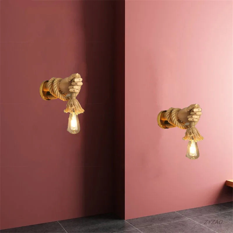 DecorBites™ Hand Shape Wall Light Industrial Loft Hemp Rope E27 Wall Lamp