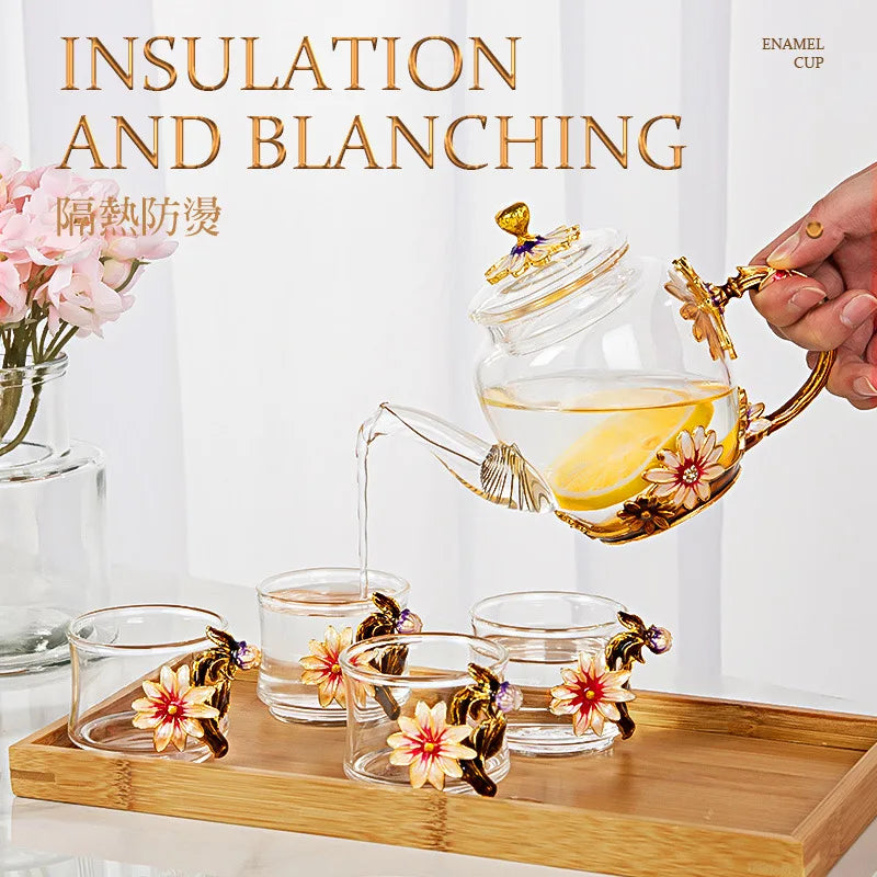 طقم إبريق شاي DecorBites™ Daisy زجاجي مطلي بالمينا والكريستال للمشروبات الساخنة والباردة