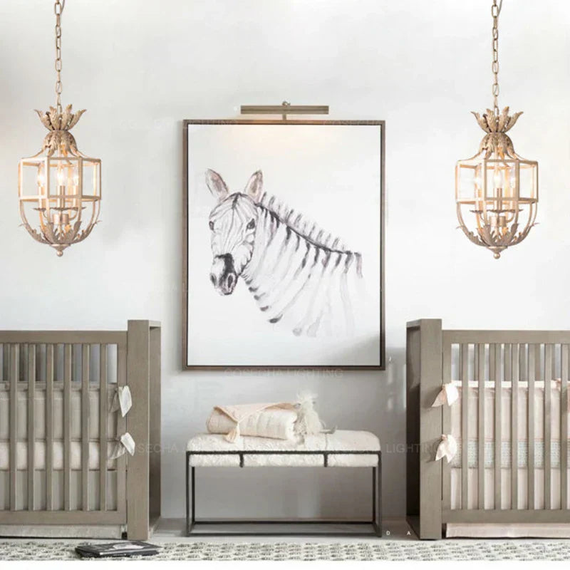 DecorBites™ Grey/Gold Metal Cage Chandelier: Russian-Inspired, 3-Light Lustre for Nursery, Kitchen, Dining
