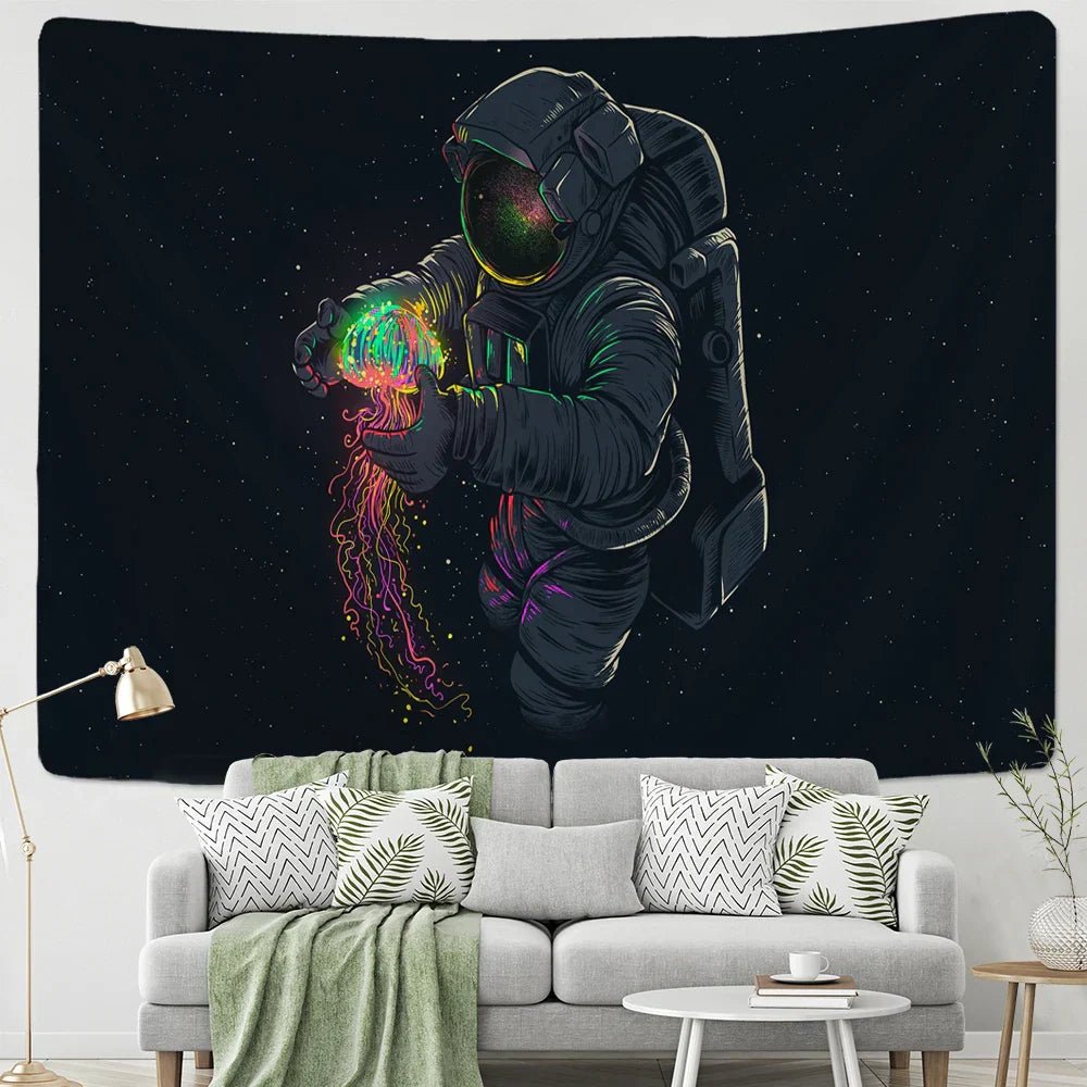 DecorBites™ Jellyfish Interstellar Sky Tapestry Wall Hanging: تصميم رائد فضاء لديكور السكن الجامعي البوهيمي