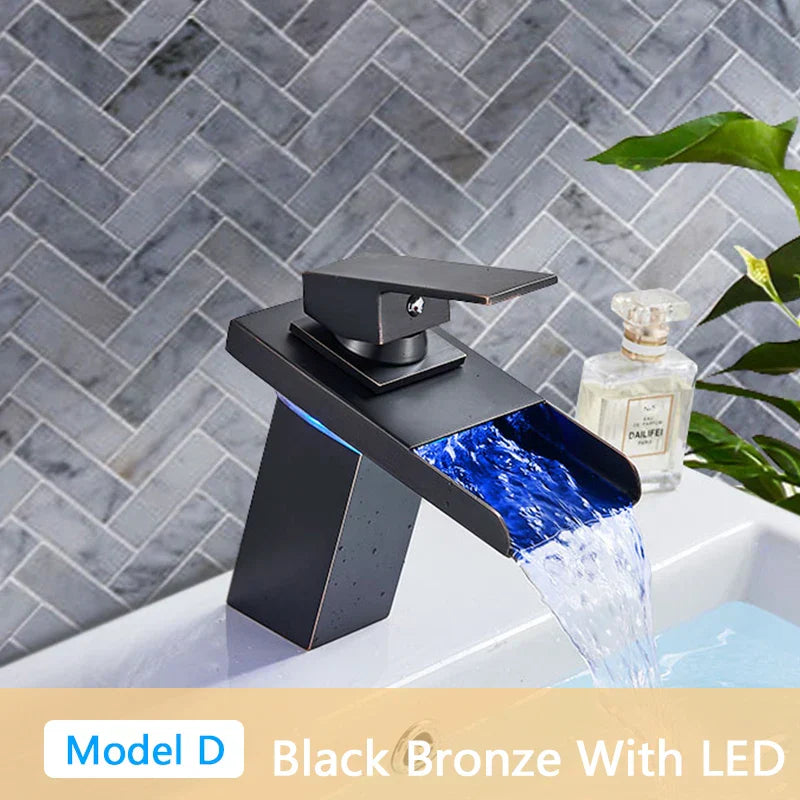 DecorBites™ LED Waterfall Bathroom Sink Faucet Black Bronze Single Handle Deck Mount