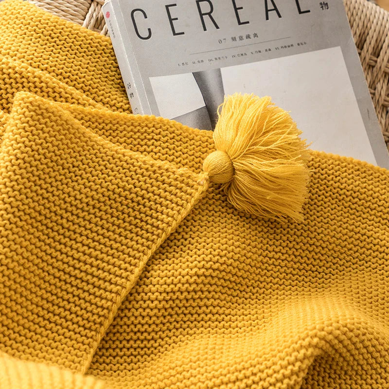 DecorBites™ Knit PomPom Tassel Throw Blanket - Soft Yellow Blanket 50"x62"