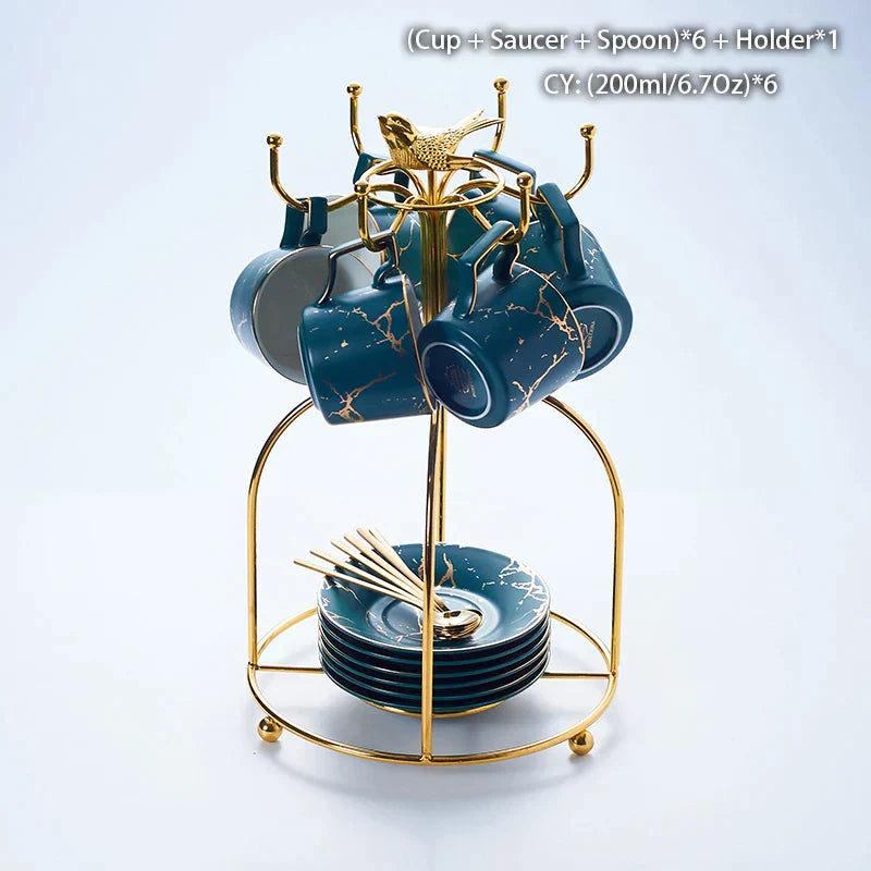 DecorBites™ 200ml Marble Ceramic Tea Set with Spoon and Saucer