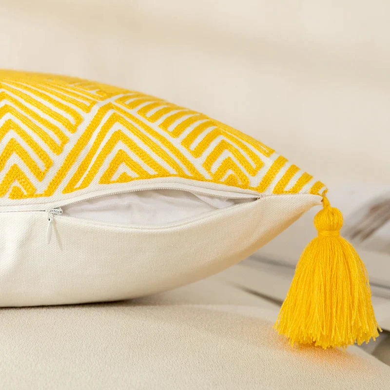 DecorBites™ Geometric Embroidery Canvas Cotton Cushion Cover for Sofa Bed in Yellow