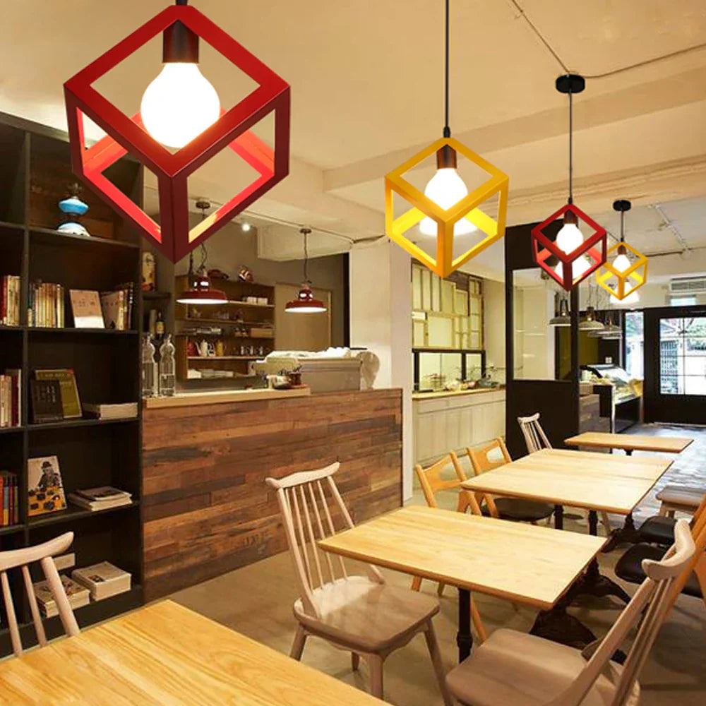 DecorBites™ Geometric Cube Pendant Lights Trio Metal Shades Square Ceiling Lamps