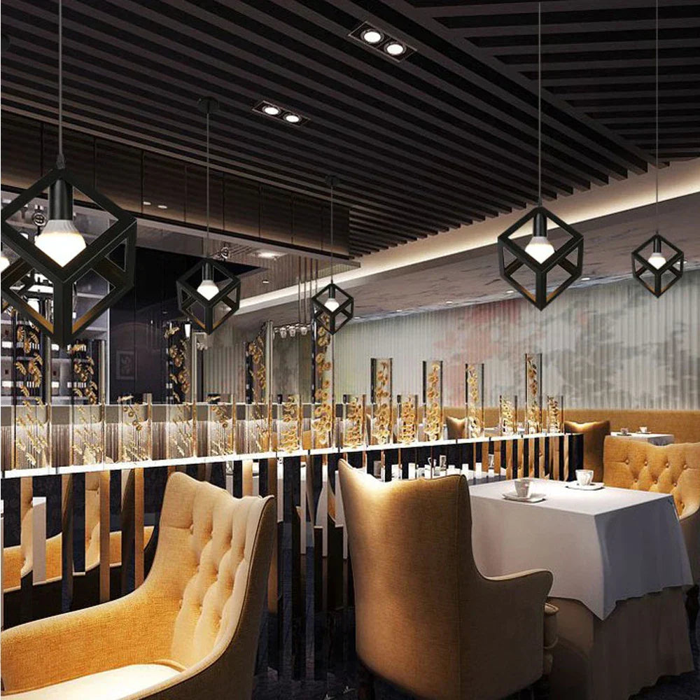 DecorBites™ Geometric Cube Pendant Lights Trio Metal Shades Square Ceiling Lamps