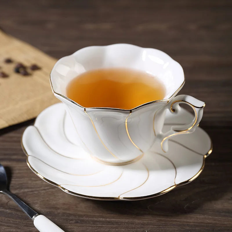 DecorBites™ Gold Wave Bone China Tea Cup Set 200ml High-grade Porcelain Drinkware