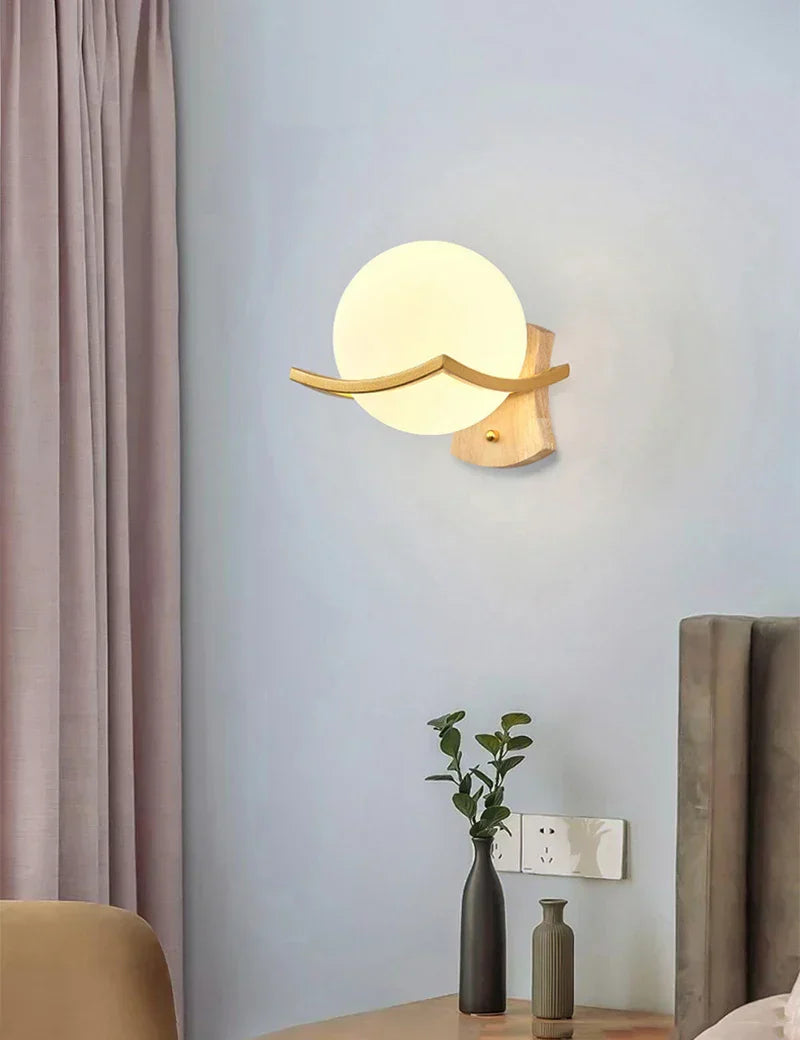 DecorBites™ مصباح حائط خشبي ياباني على شكل قمر - تصميم بسيط - إضاءة جدارية LED