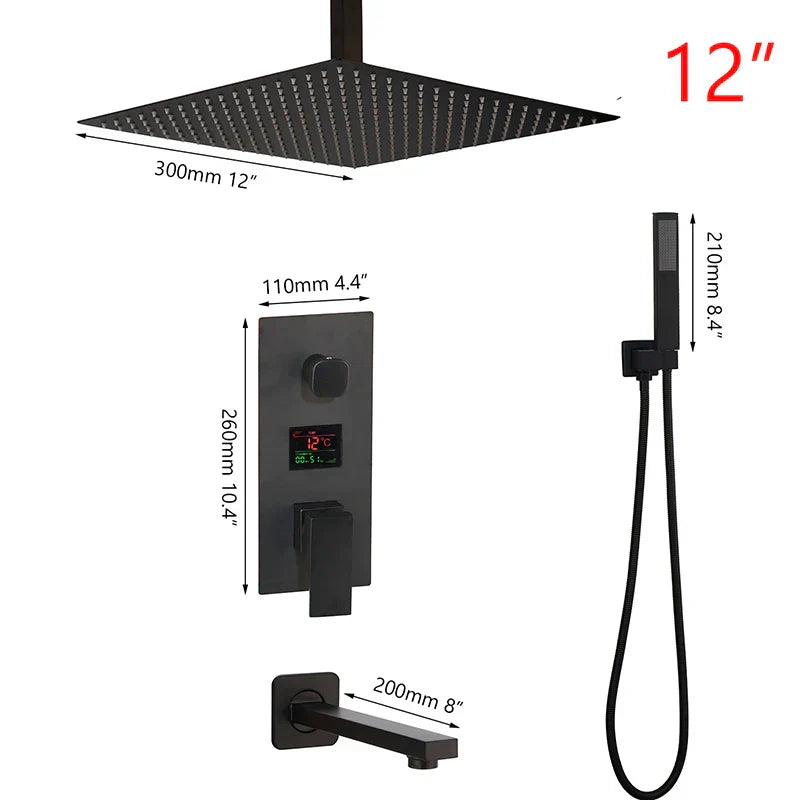 DecorBites™ Black Digital Shower Faucet, Matte Black Finish, Thermostatic Temperature Display